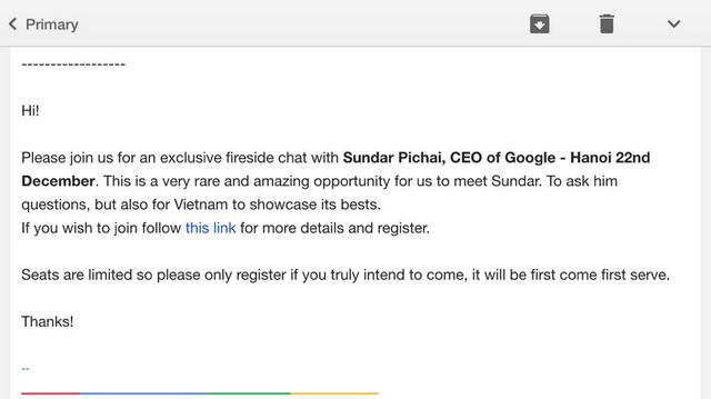 CEO Google – Sundar Pichai sẽ tới Hà Nội ngày 22/12 tới